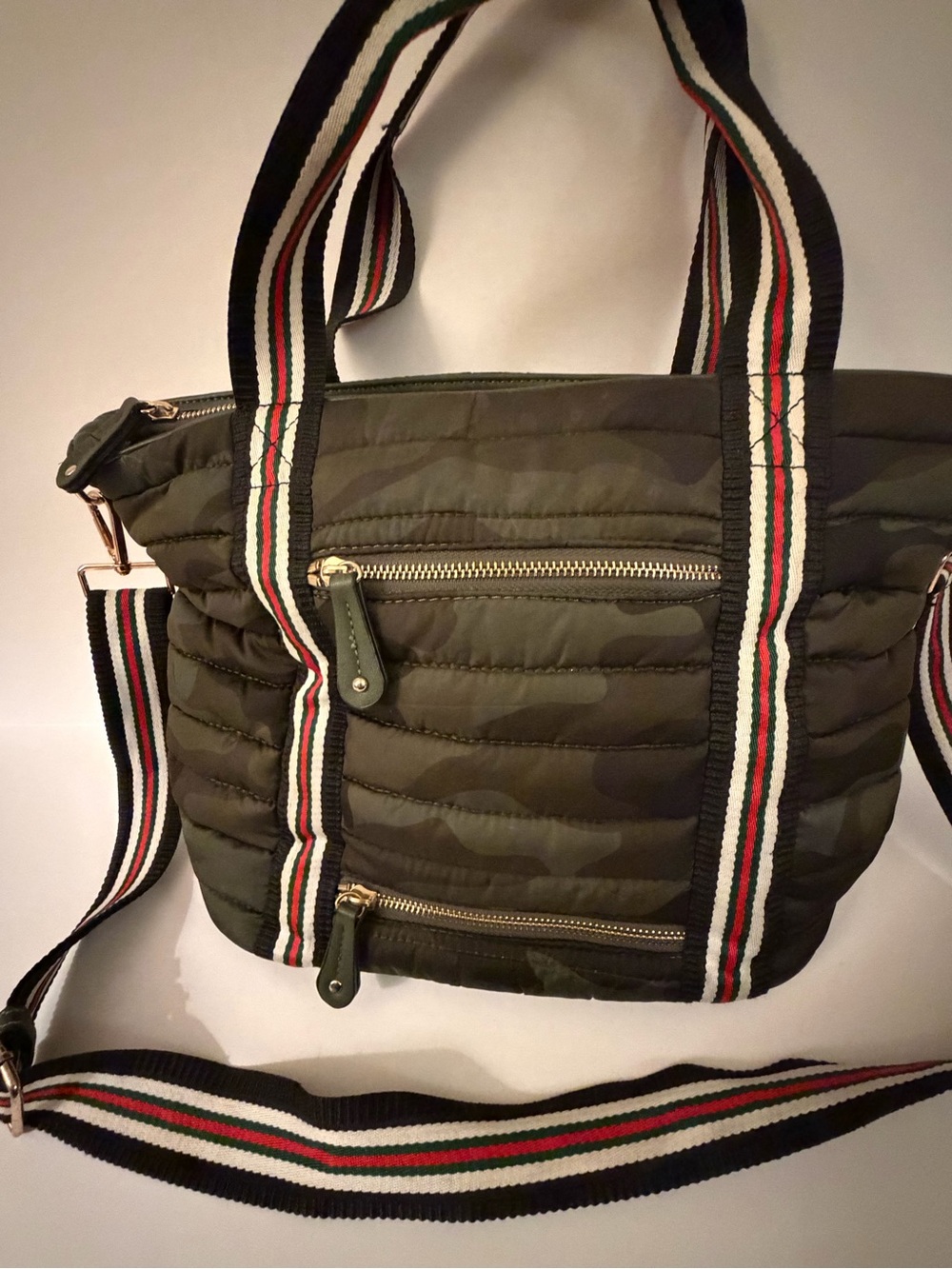 Quilted Camouflage Shoulder Tote in Olive with Striped Strap